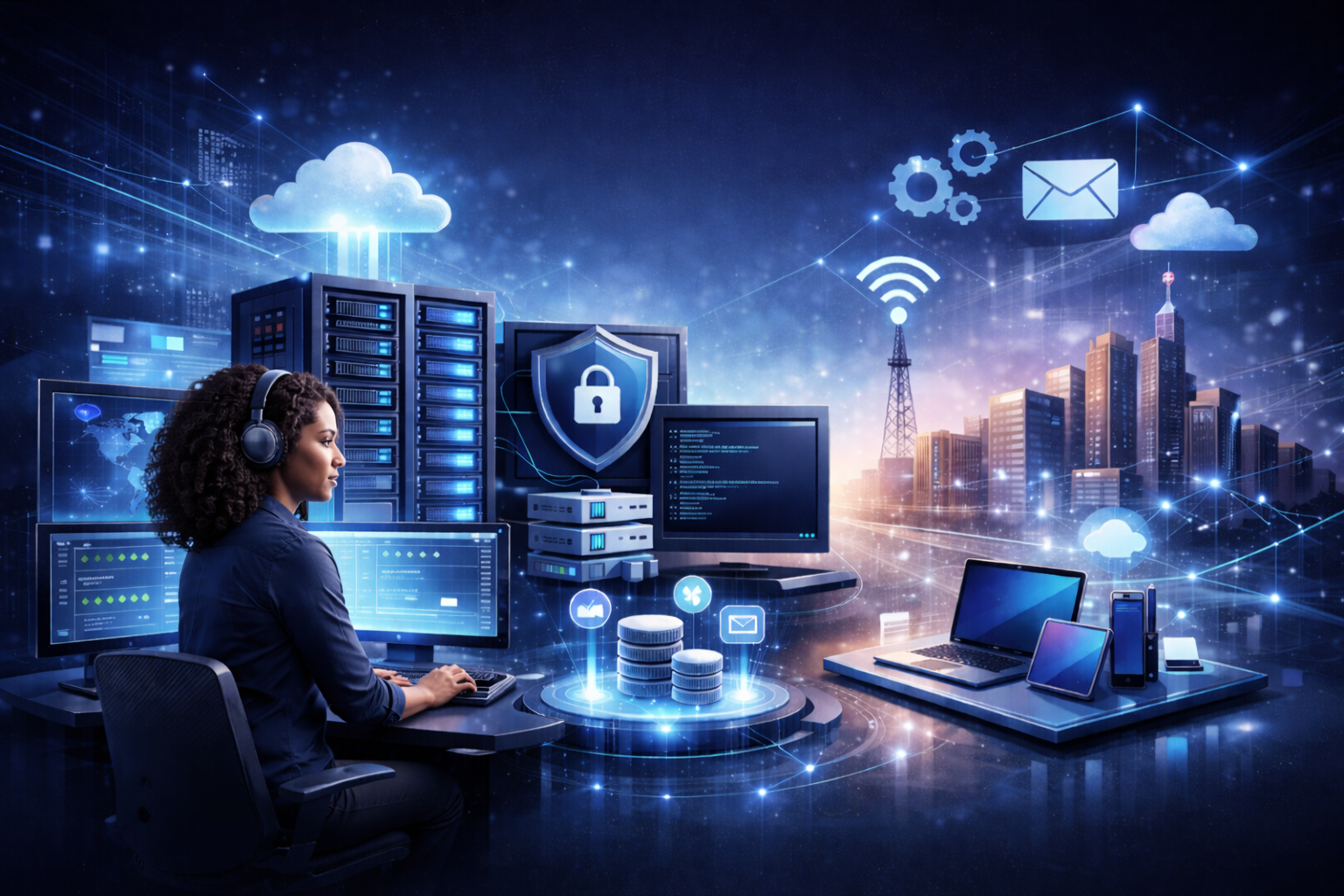 Travail dans une salle serveur futuriste